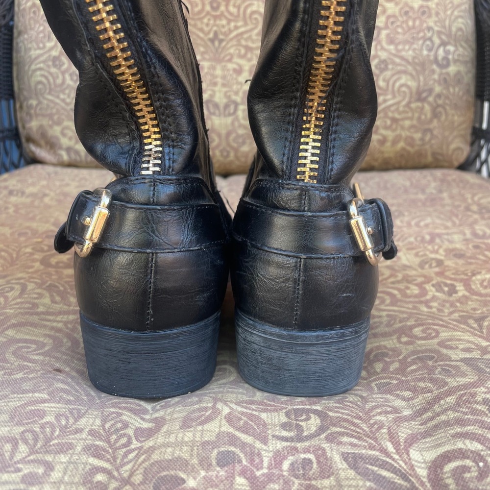 Women Boots Sz 9 Moto Combat Buckle Harness Biker Mid Calf Engineer Black Chunky - Picture 4 of 10